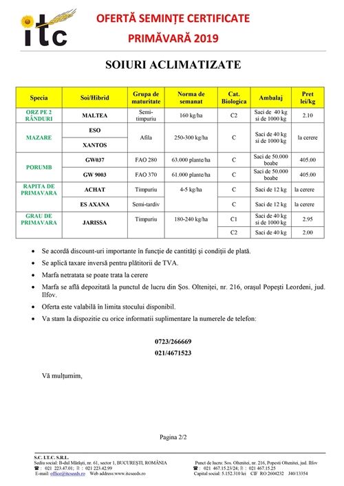 ITC seeds oferta seminte PRIMAVARA 2019 25.01.2019-2
